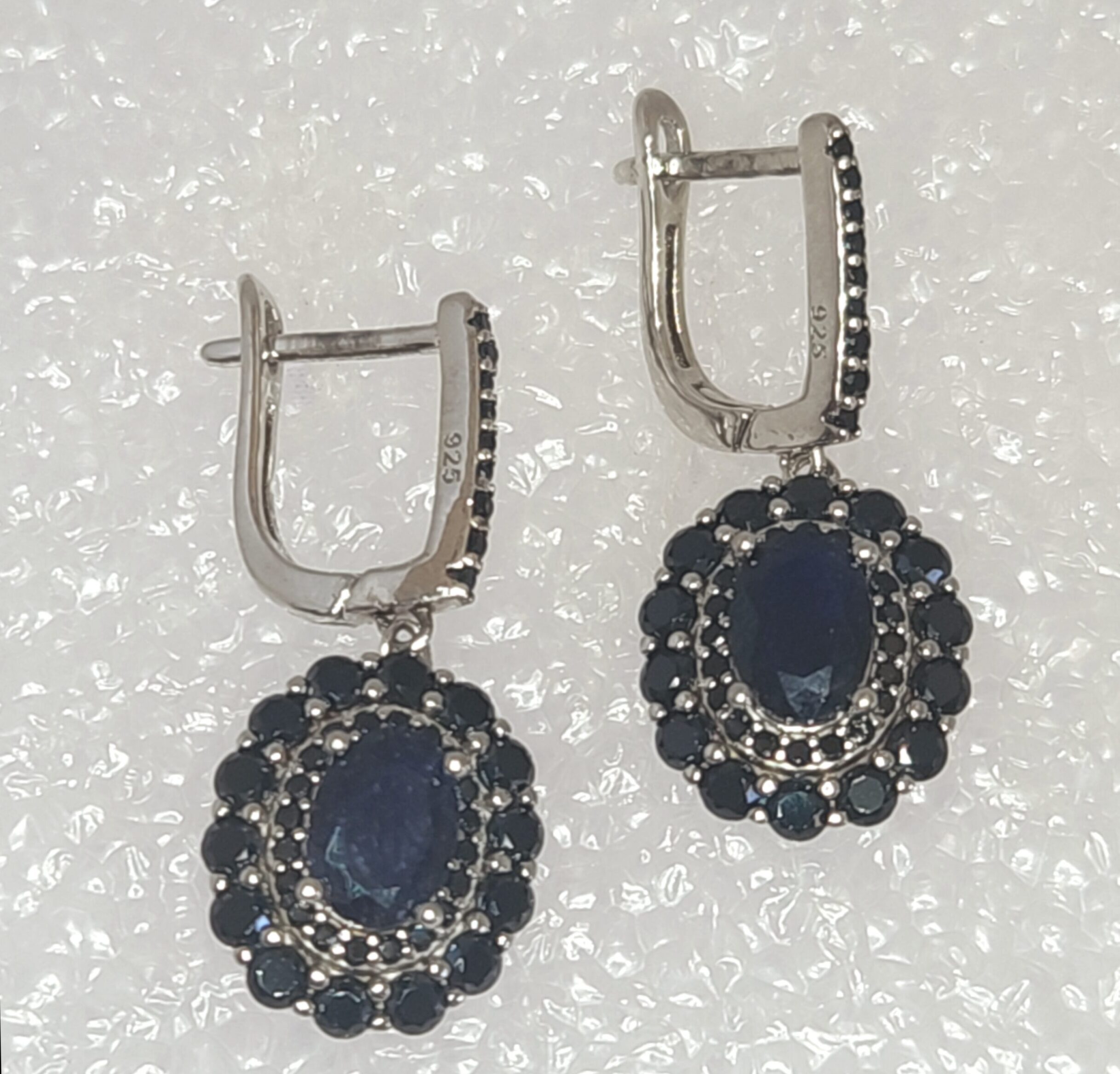 Double Halo Sapphire Earrings with Pavé Set Omega Hook - Image 2