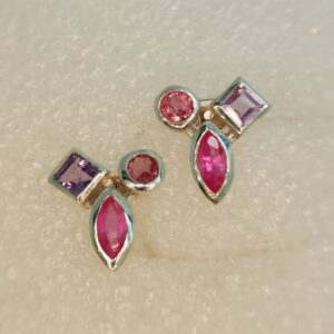 Pink Sapphire, Amethyst & Ruby trio stud