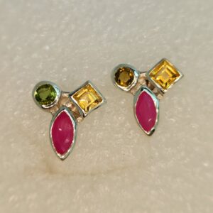 Citrine, Ruby & Tourmaline multi shaped trio stud