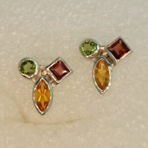 Peridot , Citrine & Garnet multi shaped trio stud