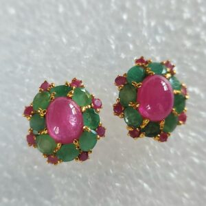 Ruby Cabochon & Emerald halo stud set in 18ct gold vermeil